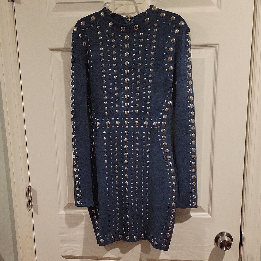 Oh Polly Teal Studded Long Sleeve Dress